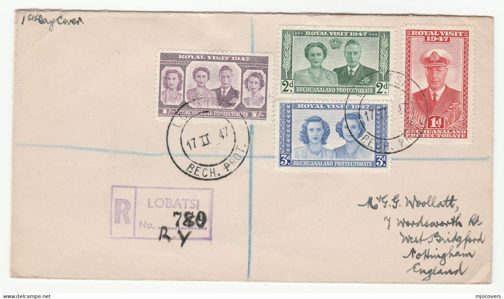 1947 Reg Lobatsi BECHUANALAND Protectorate  FDC Royal Visit Stamps Cover To GB Royalty - 1885-1964 Protectoraat Van Bechuanaland