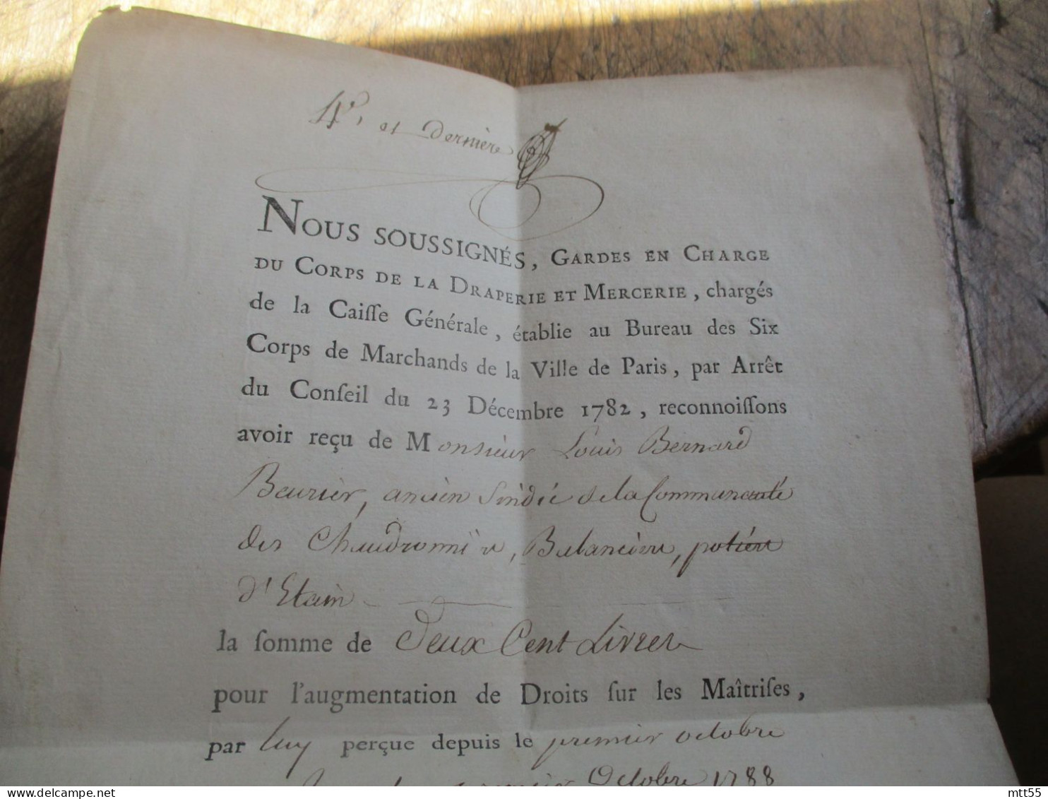 GARDES CHARGE CORPS DRAPERIE ET MERCERIE VILLE PARIS ATTESTATION RECU PAIEMENTS DES DROITS DE MAITRISE 1782 - Historische Documenten