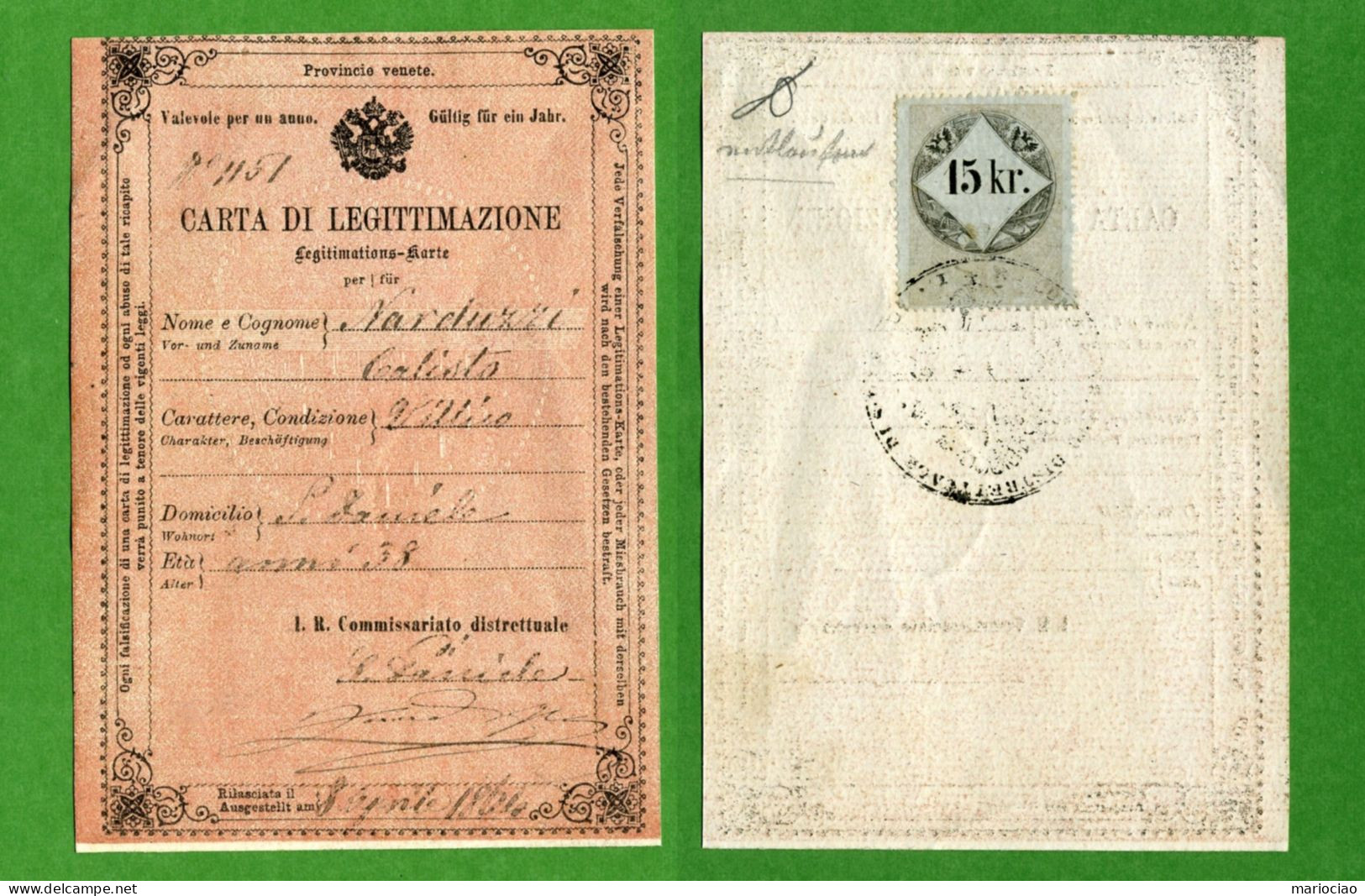 D-IT R. Lombardo Veneto 1864 CARTA DI LEGITTIMAZIONE San Daniele Del Friuli UD - Historische Dokumente