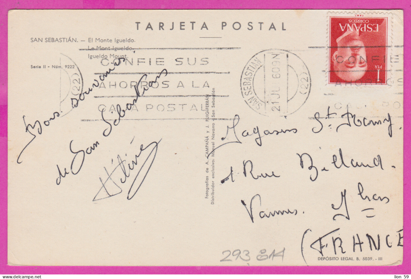 293814 / Spain - San Sebastian El Monte Igueldo PC 1960 USED 1 Pta General Franco Flamme "... Ahorros A La Caja Postal - Brieven En Documenten