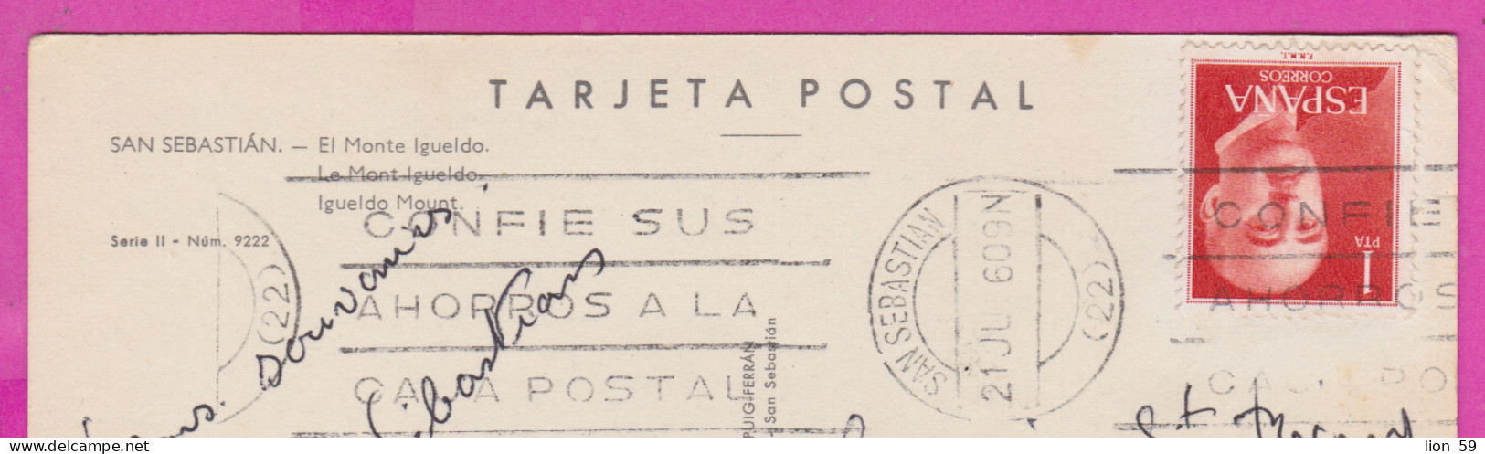293814 / Spain - San Sebastian El Monte Igueldo PC 1960 USED 1 Pta General Franco Flamme "... Ahorros A La Caja Postal - Lettres & Documents