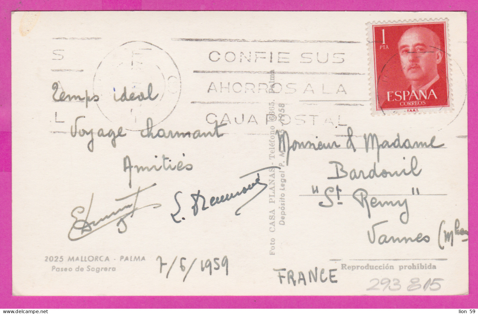 293815 / Spain - Mallorca - Palma Paseo De Sagrera PC 1959 USED 1 Pta General Franco Flamme ".. Ahorros A La Caja Postal - Brieven En Documenten