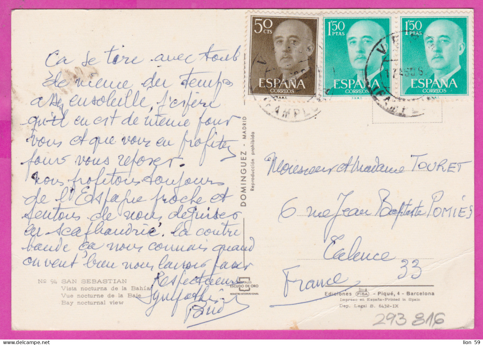 293816 / Spain - San Sebastian - Bay Nochurnal View  PC 1961 USED 50 Cts +1.50+1.50 Ptas General Francisco Franco - Briefe U. Dokumente