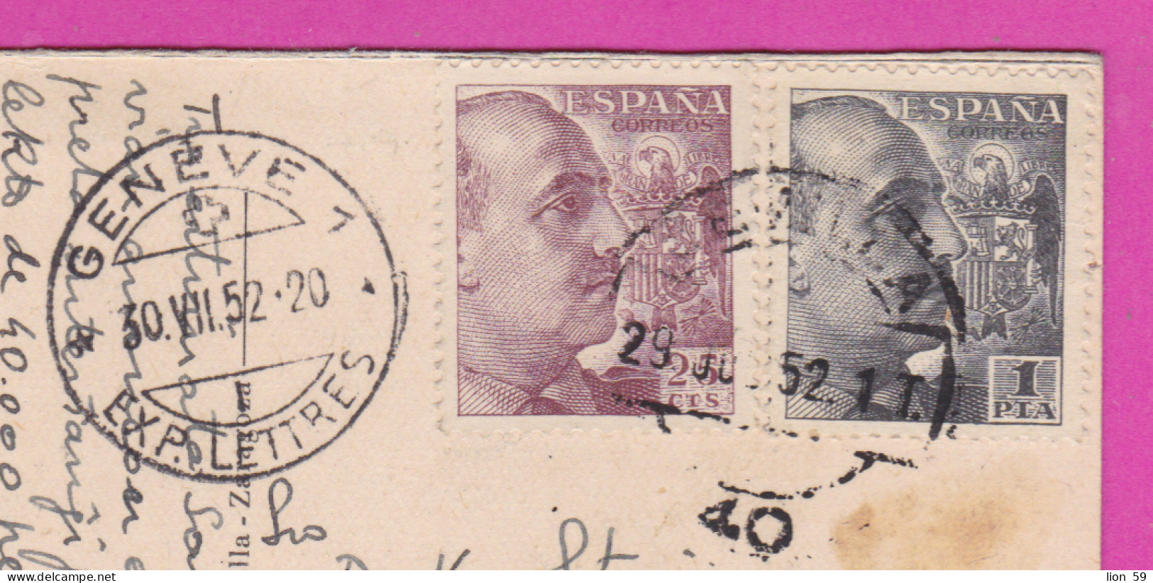 293819 / Spain - Sevilla Plaza De EspanaVista Parcial PC 1952 USED 10+60 Cts General Francisco Franco Geneve - Sliven - Storia Postale
