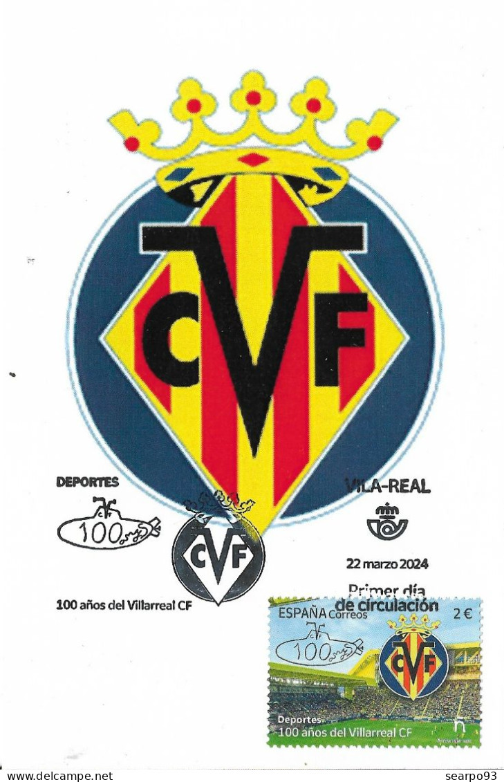SPAIN. MAXICARD FIRST DAY. 100th ANNIV. VILLARREAL FOOTBALL CLUB. 2024 - Tarjetas Máxima