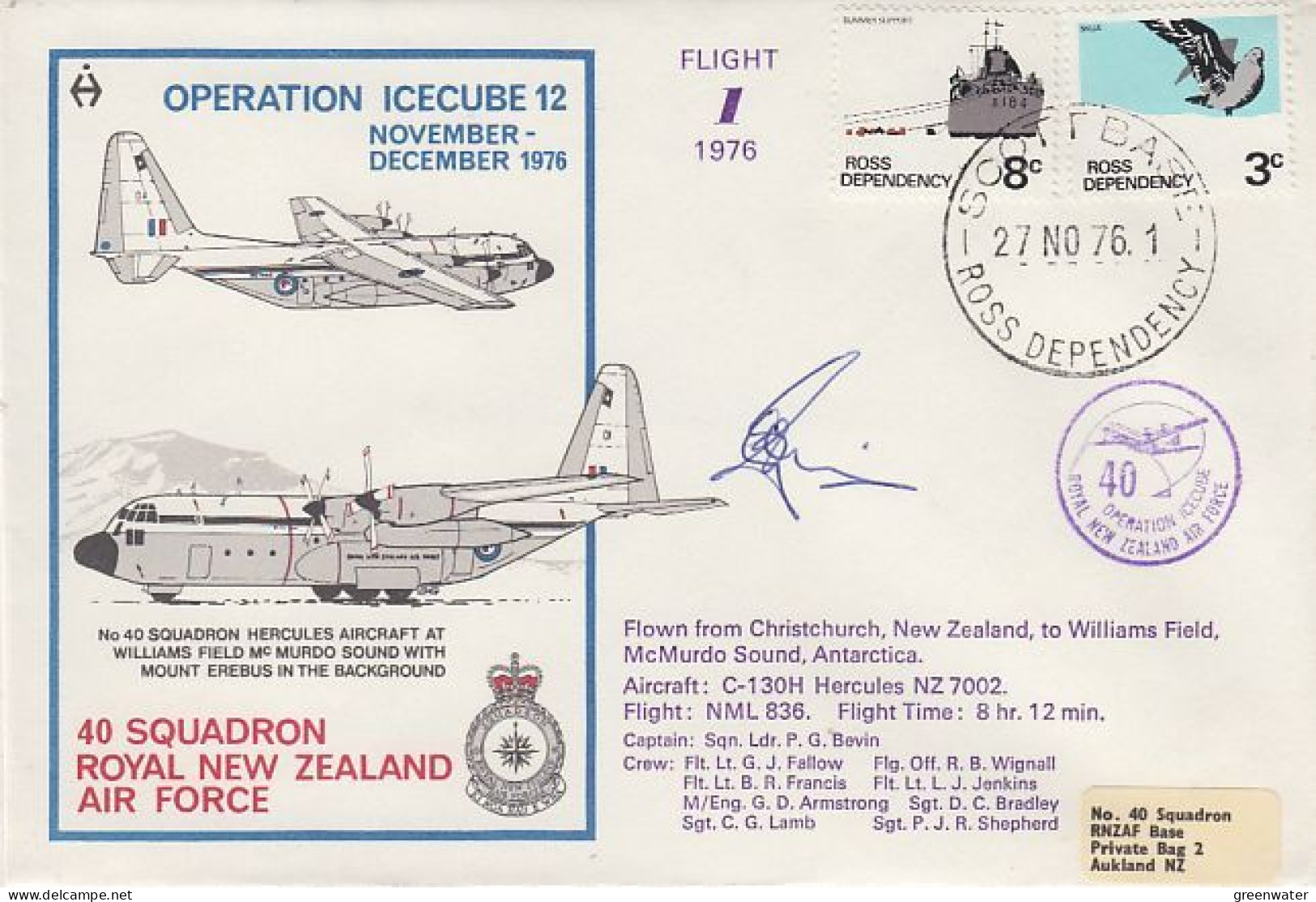 Ross Dependency 1976 Operation Icecube 12 Signature  Ca Scott Base 27 NO 1976 (RO165) - Storia Postale