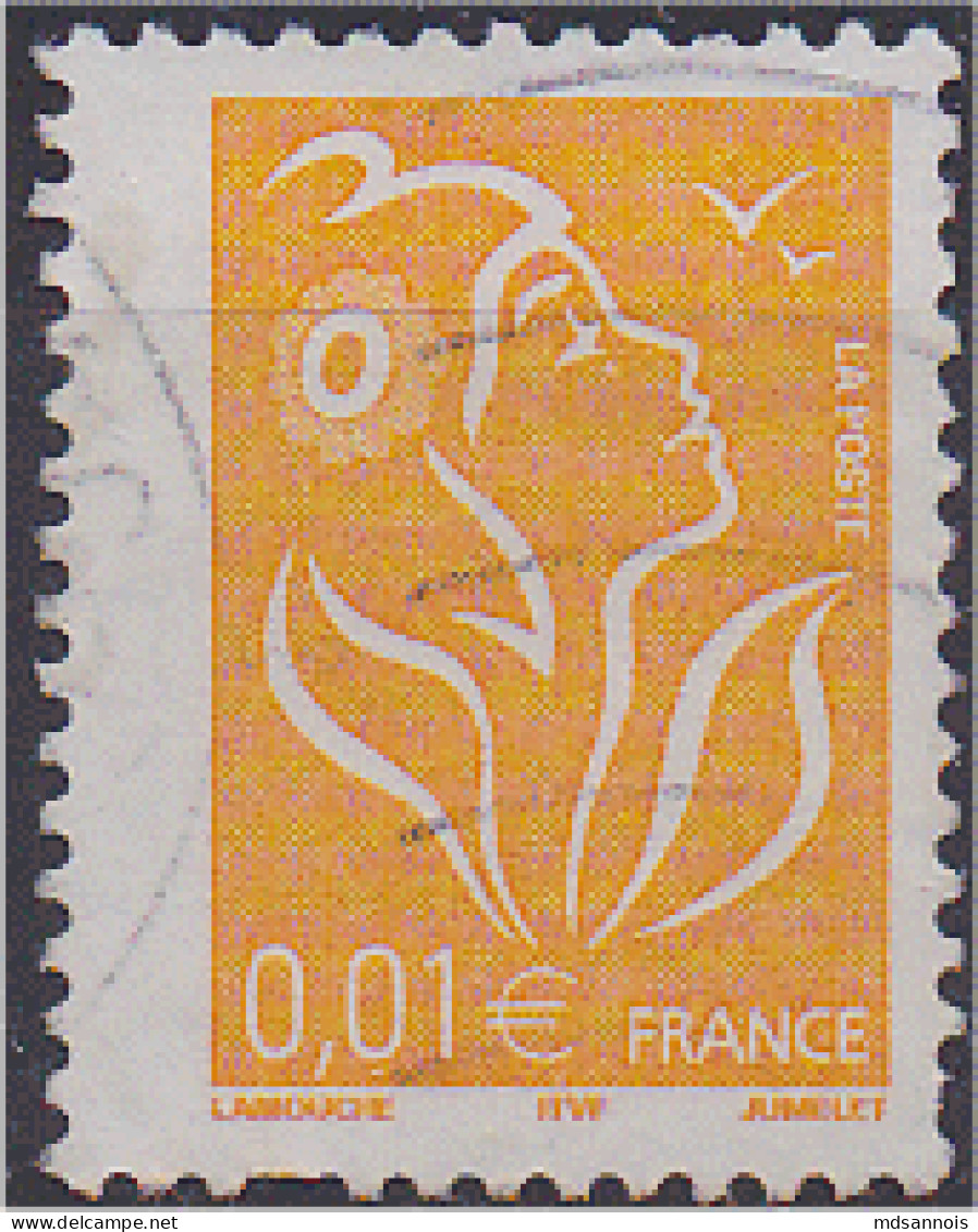 Marianne De Lamouche N° 3731 Jaune 0,01 Euro Oblitéré Variété Piquage Décalé Scan Recto/verso - 2004-2008 Maríanne De Lamouche