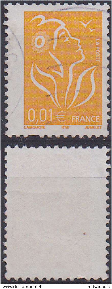 Marianne De Lamouche N° 3731 Jaune 0,01 Euro Oblitéré Variété Piquage Décalé Scan Recto/verso - 2004-2008 Marianne De Lamouche
