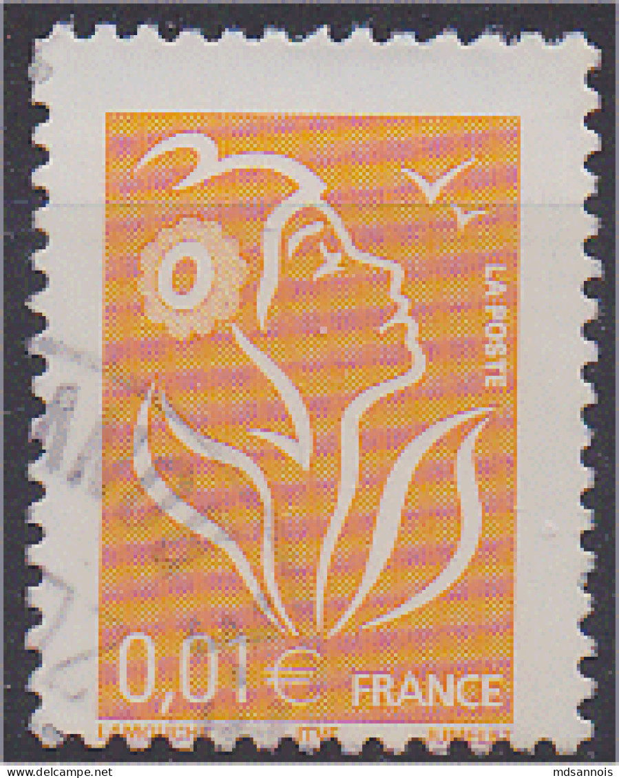 Marianne De Lamouche N° 3731 Jaune 0,01 Euro Oblitéré Variété Piquage Décalé Scan Recto/verso - 2004-2008 Marianne Of Lamouche