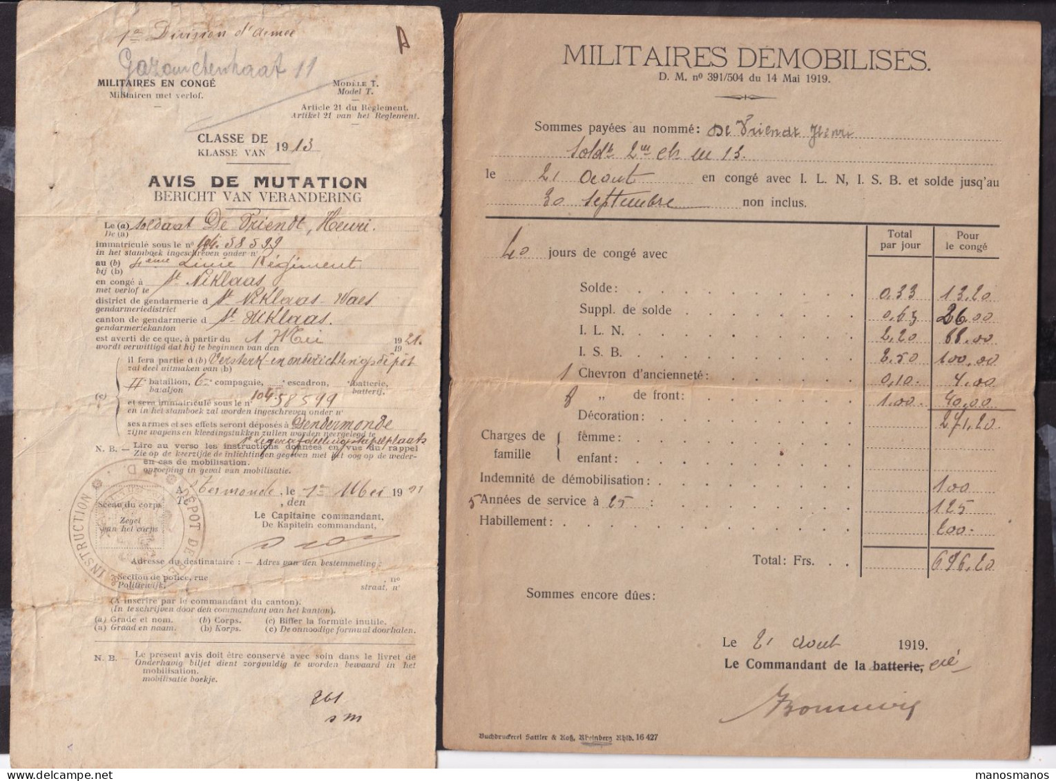 DDGG 093 -  ARMEE BELGE - 12 Documents De Congés Et Mobilisation 1919/1948 - Soldat Devriendt ST NIKLAAS DENDERMONDE - Brieven En Documenten