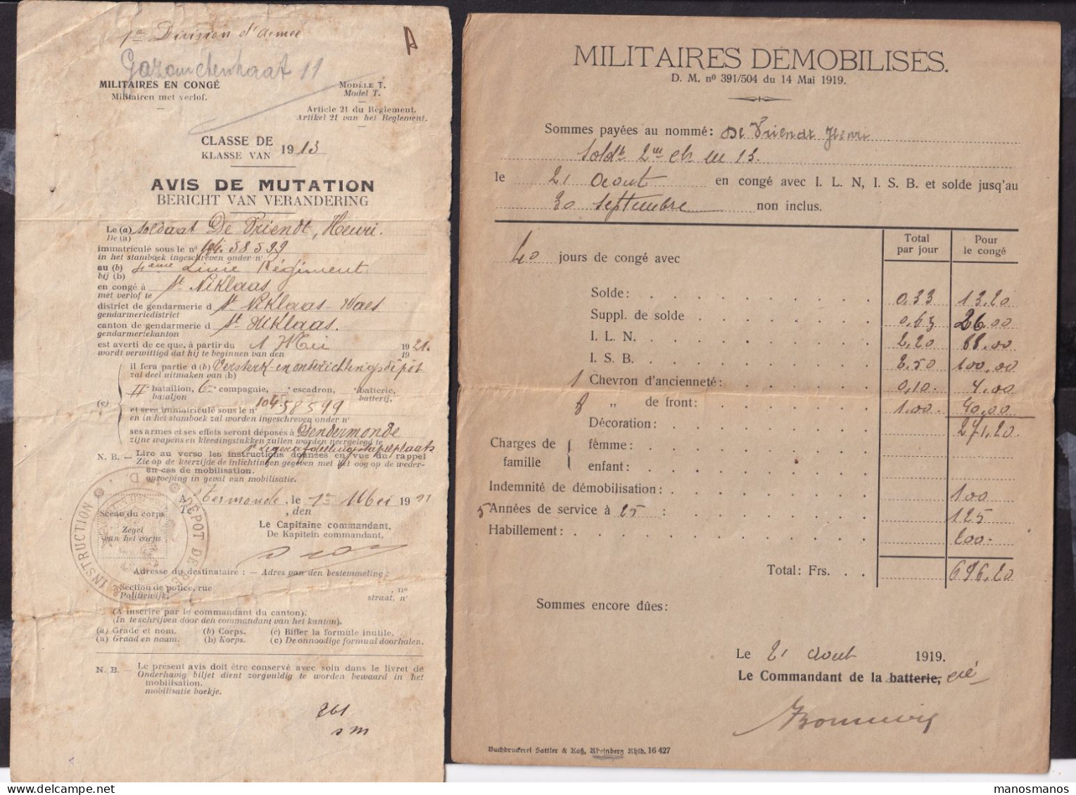 DDGG 093 -  ARMEE BELGE - 12 Documents De Congés Et Mobilisation 1919/1948 - Soldat Devriendt ST NIKLAAS DENDERMONDE - Covers & Documents