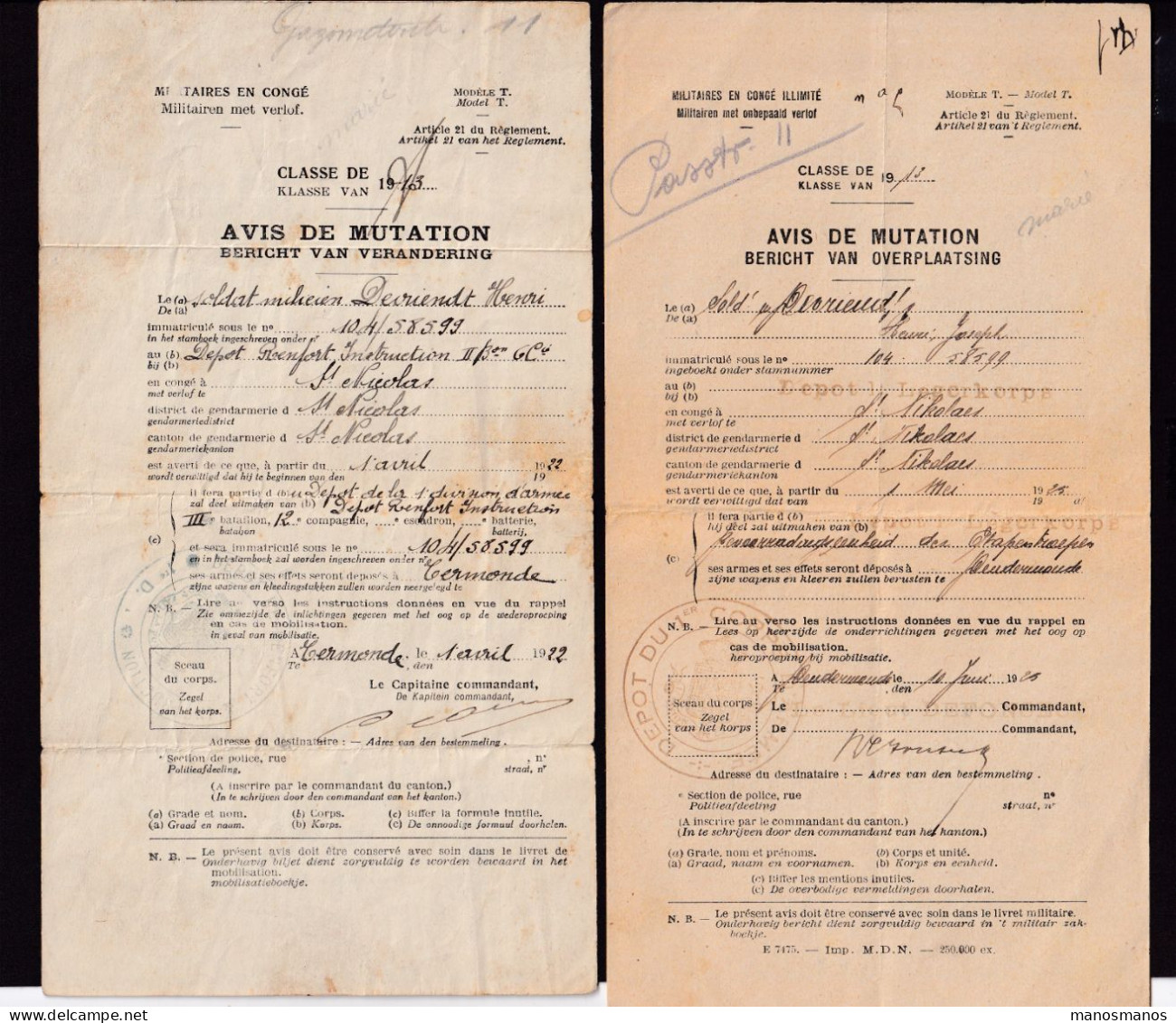 DDGG 093 -  ARMEE BELGE - 12 Documents De Congés Et Mobilisation 1919/1948 - Soldat Devriendt ST NIKLAAS DENDERMONDE - Cartas & Documentos