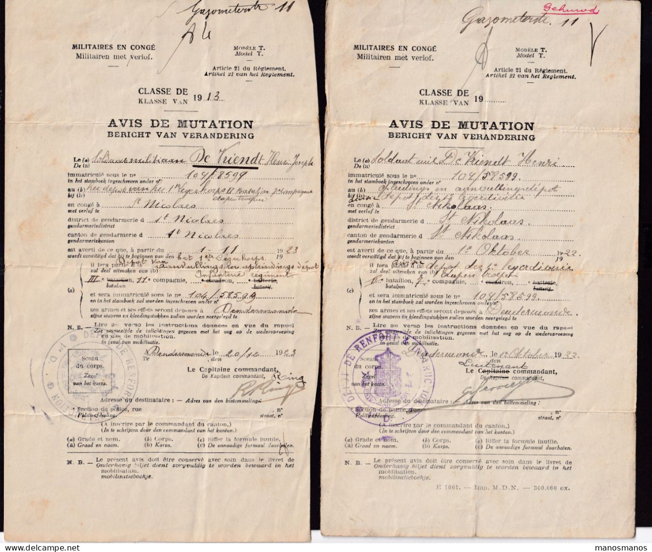 DDGG 093 -  ARMEE BELGE - 12 Documents De Congés Et Mobilisation 1919/1948 - Soldat Devriendt ST NIKLAAS DENDERMONDE - Covers & Documents