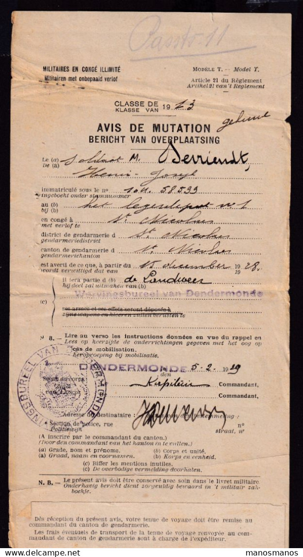 DDGG 093 -  ARMEE BELGE - 12 Documents de Congés et Mobilisation 1919/1948 - Soldat Devriendt ST NIKLAAS DENDERMONDE