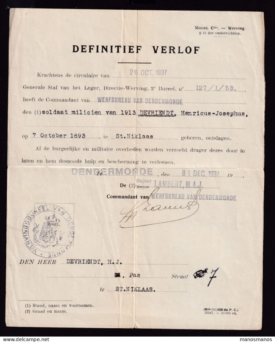 DDGG 093 -  ARMEE BELGE - 12 Documents de Congés et Mobilisation 1919/1948 - Soldat Devriendt ST NIKLAAS DENDERMONDE