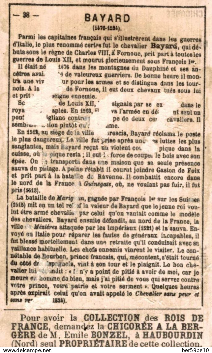 CHROMO CHICOREE A LA BERGERE EMILE BONZEL A HAUBOURDIN LES ROIS DE FRANCE N°38 BAYARD - Thee & Koffie