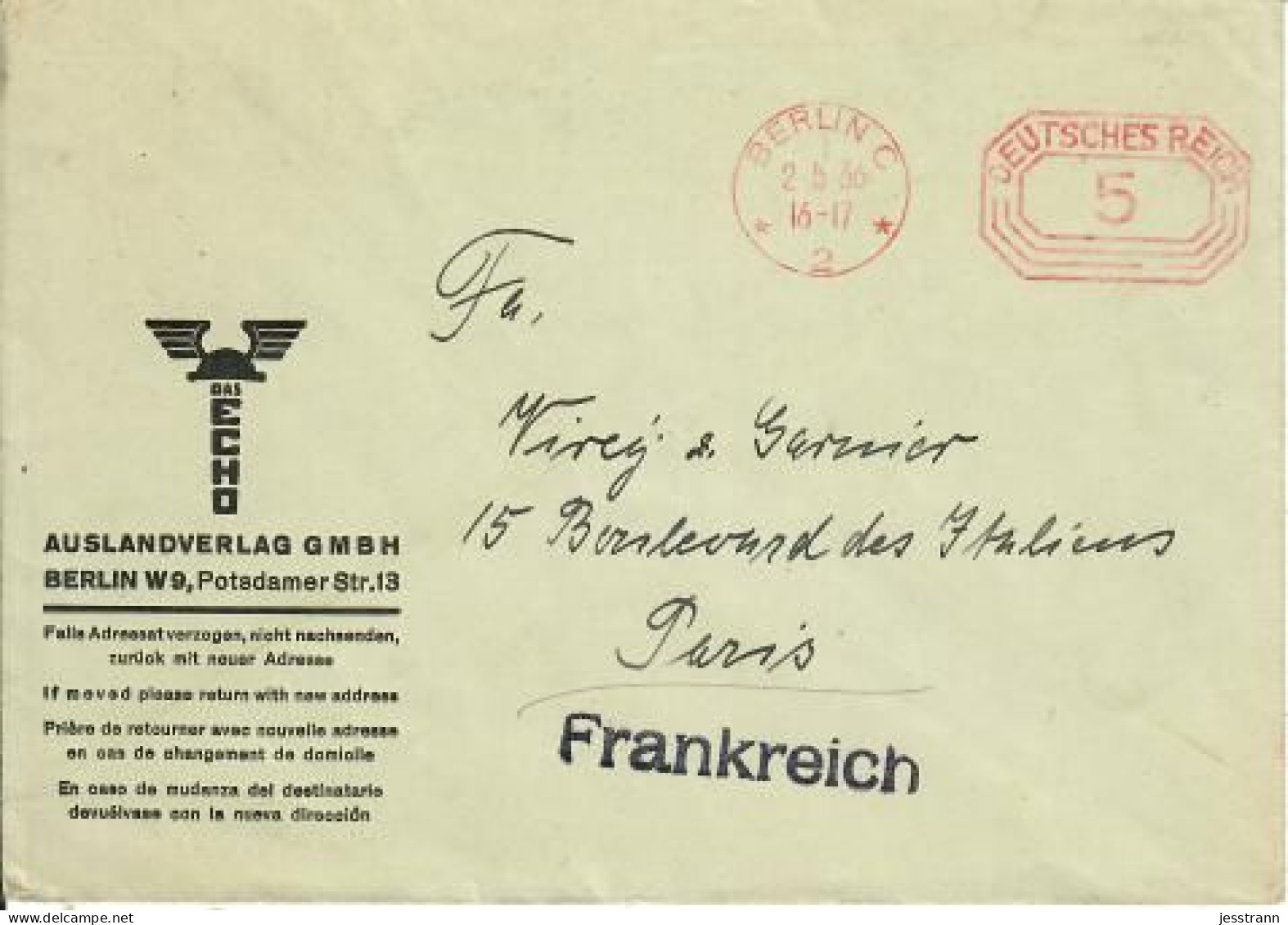 ALLEMAGNE- EMA- DAS ECHO- AUSLANDVERLAG GMBH- BERLIN- 1933 - Máquinas Franqueo (EMA)