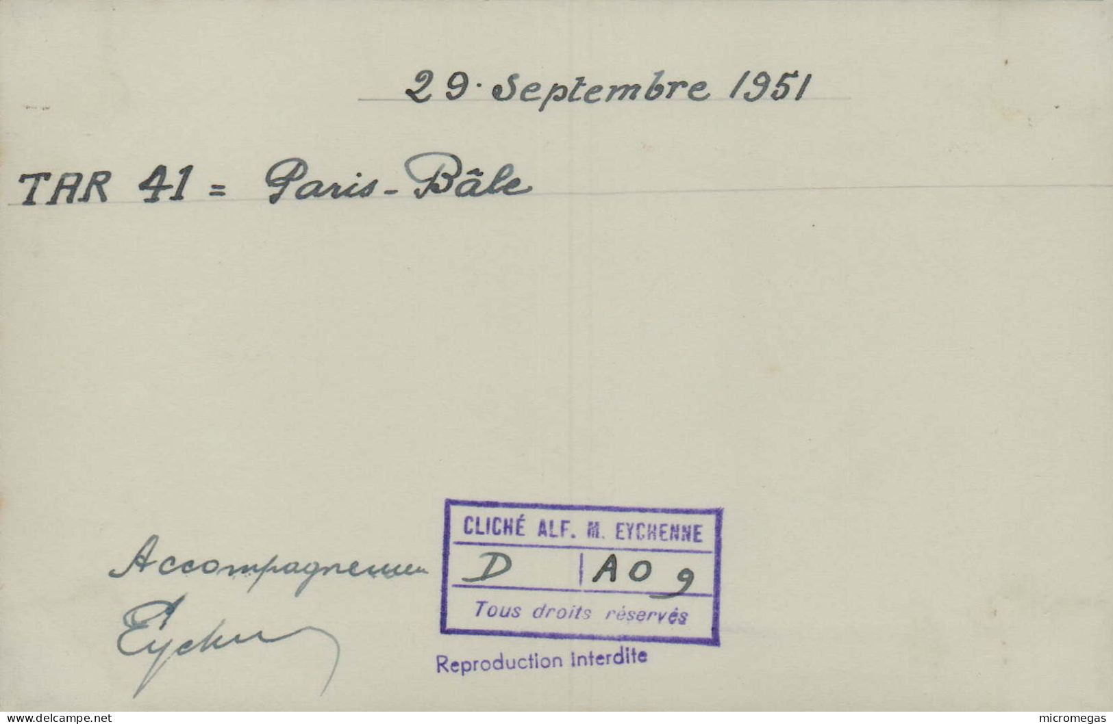 TAR 41 Paris-Bâle  - Cliché Alf. M. Eychenne, 29 Septembre 1951 - Eisenbahnen