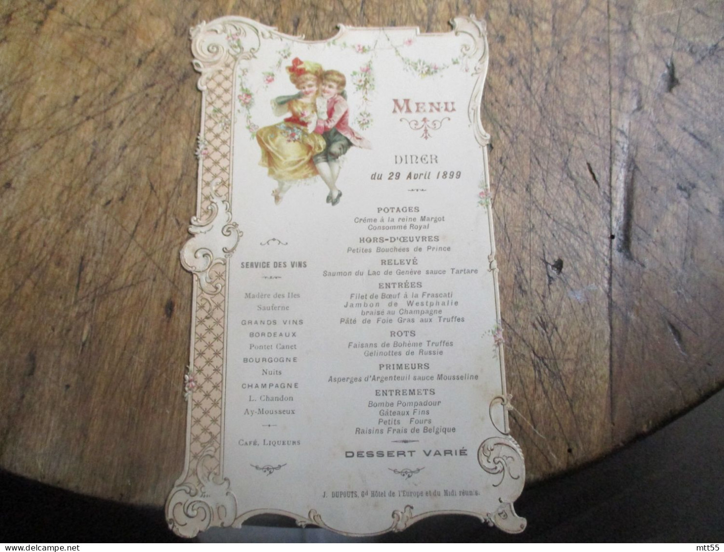 1899 MENU DENTELE ILLUSTRE COUPLE ENFANT  DUPOUTS GRAND HOTEL EUROPE ET MIDI REUNIS - Menükarten