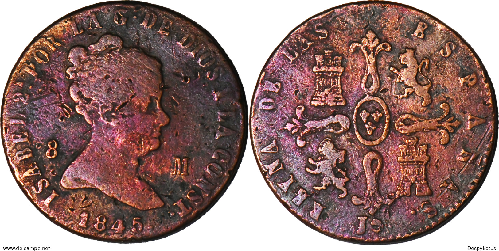 ESPAGNE - 2 Monnaies - 1844 Et 1845 - Isabel II - 8 Maravedis - 19-074 - Premières Frappes