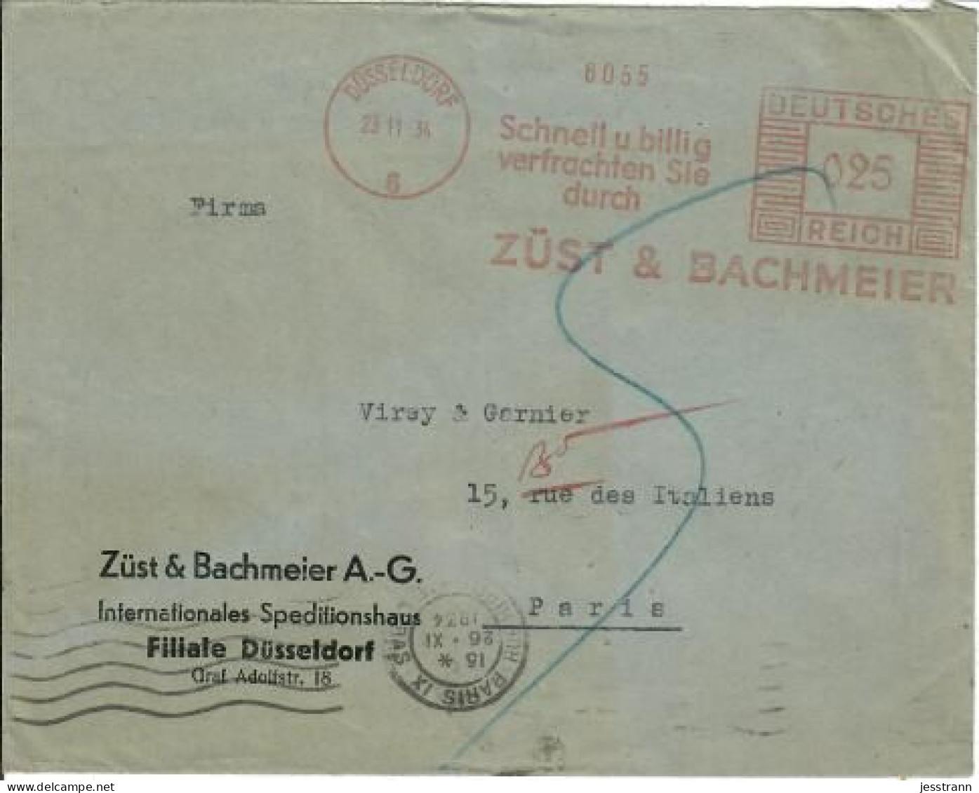 ALLEMAGNE- EMA- ZUEST & BACHMEIER A.G- DUESSELDORF- 1934- INTERNATIONALES SPEDITIONSHAUS - Maschinenstempel (EMA)