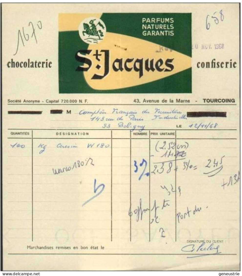 Belle Facture " Chocolaterie St Jacques " Confiserie à Tourcoing - Nord - Pas-de-Calais - 1950 - ...