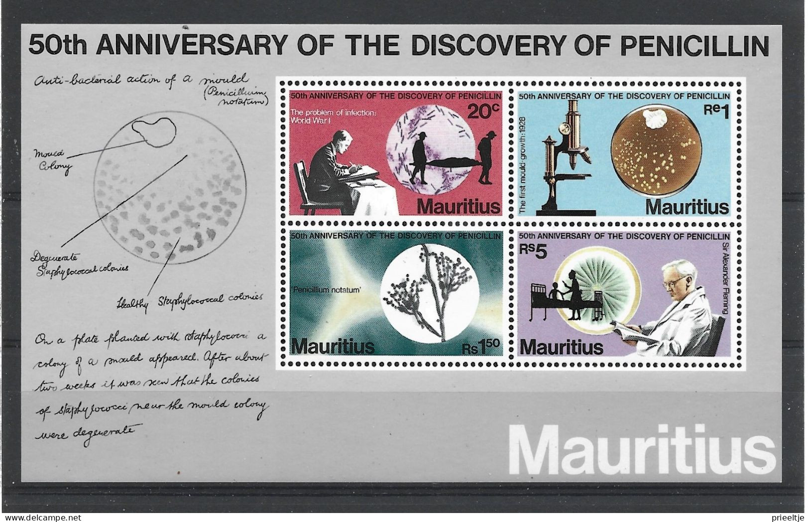 Mauritius 1978 Penicillin 50th Anniv. S/S Y.T. BF 7 ** - Mauritius (1968-...)
