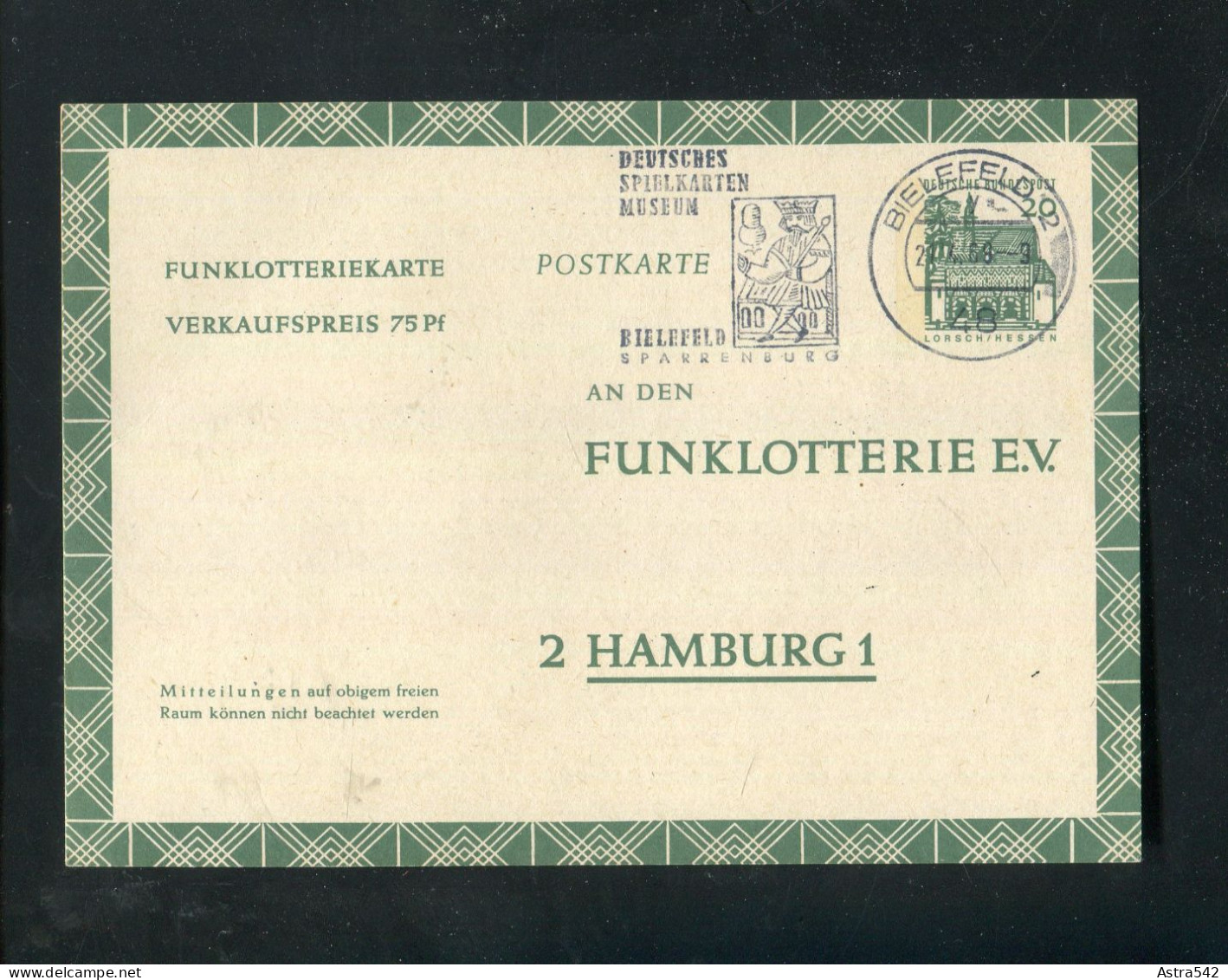 "BUNDESREPUBLIK DEUTSCHLAND" 1968, Funklotterie-Postkarte Mit Stempel "BIELEFELD, Spielkarten-Museum" (A1238) - Cartes Postales - Oblitérées
