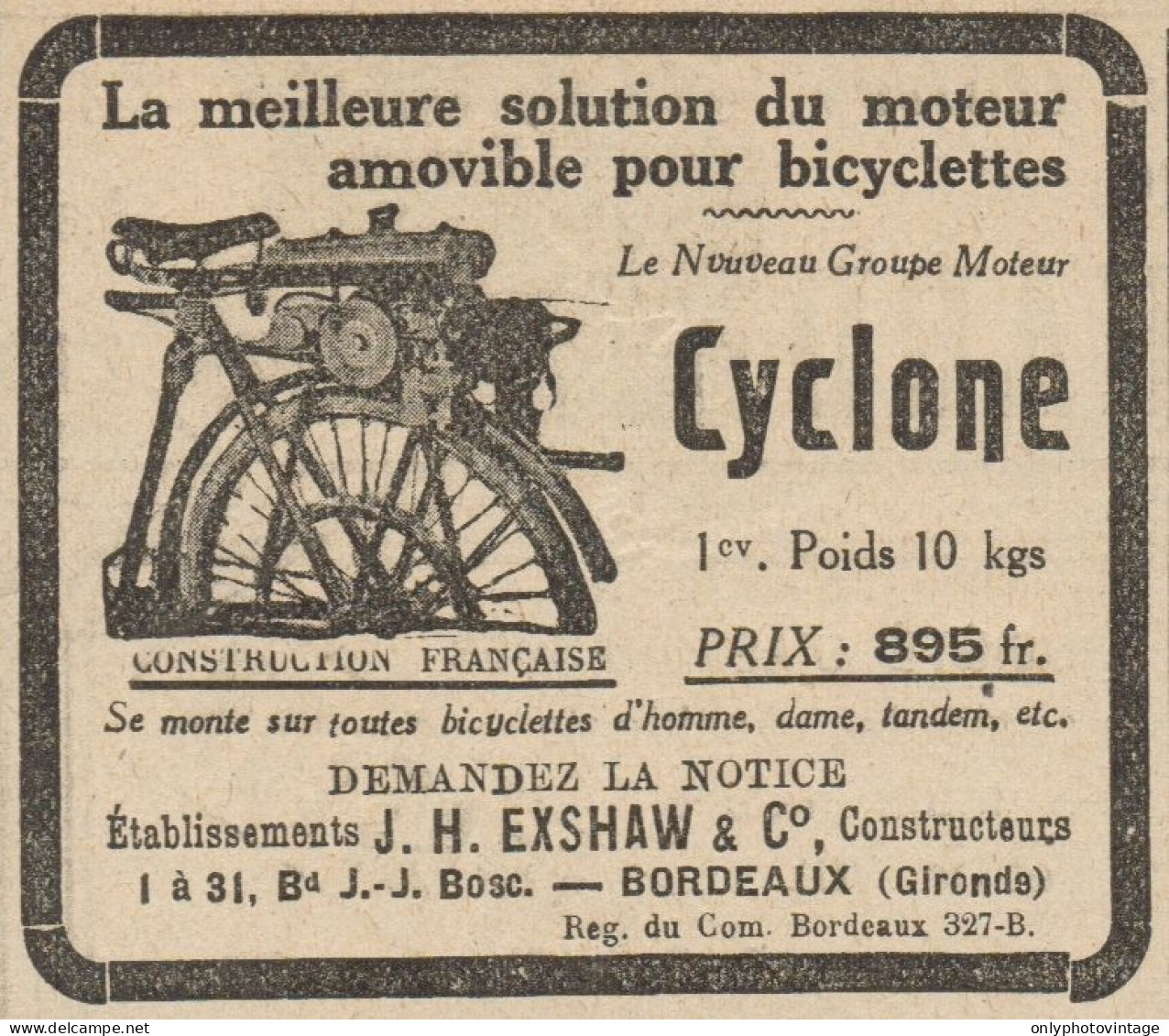 Moteur Pour Bicyclettes CYCLONE - Pubblicità D'epoca - 1925 Old Advert - Advertising