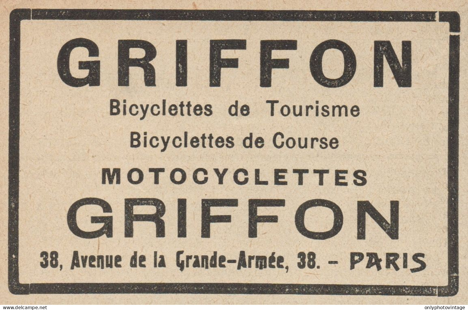 Bicyclettes & Motocyclettes GRIFFON - Pubblicità D'epoca - 1920 Old Advert - Advertising