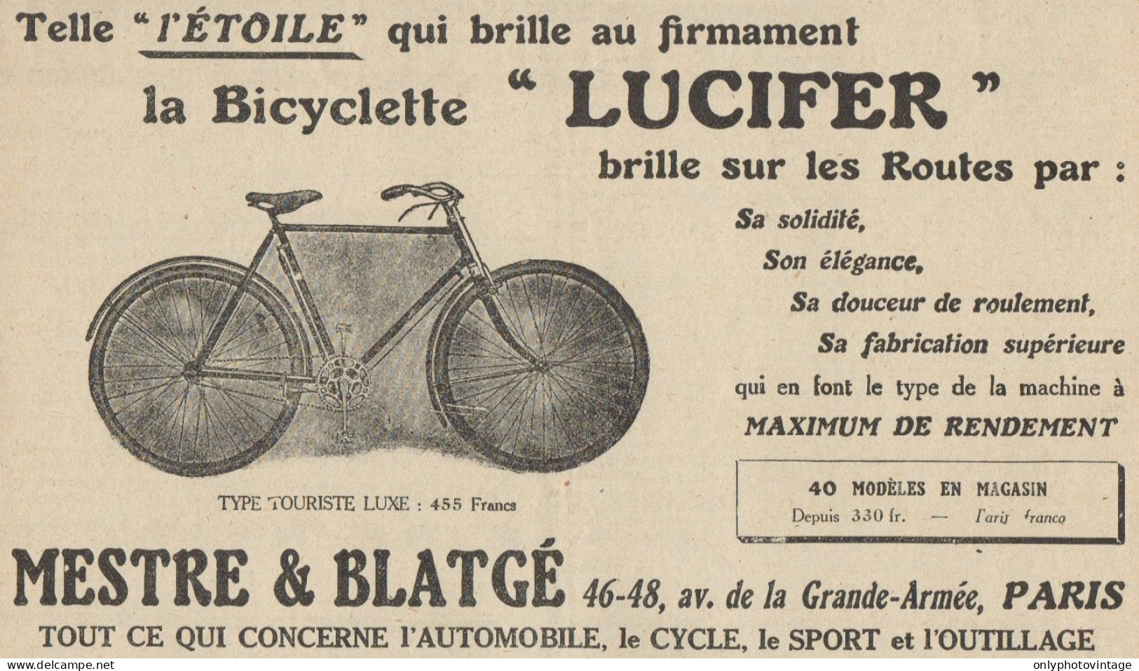 Bicyclette LUCIFER Type Touriste Luxe - Pubblicità D'epoca - 1923 Old Ad - Reclame