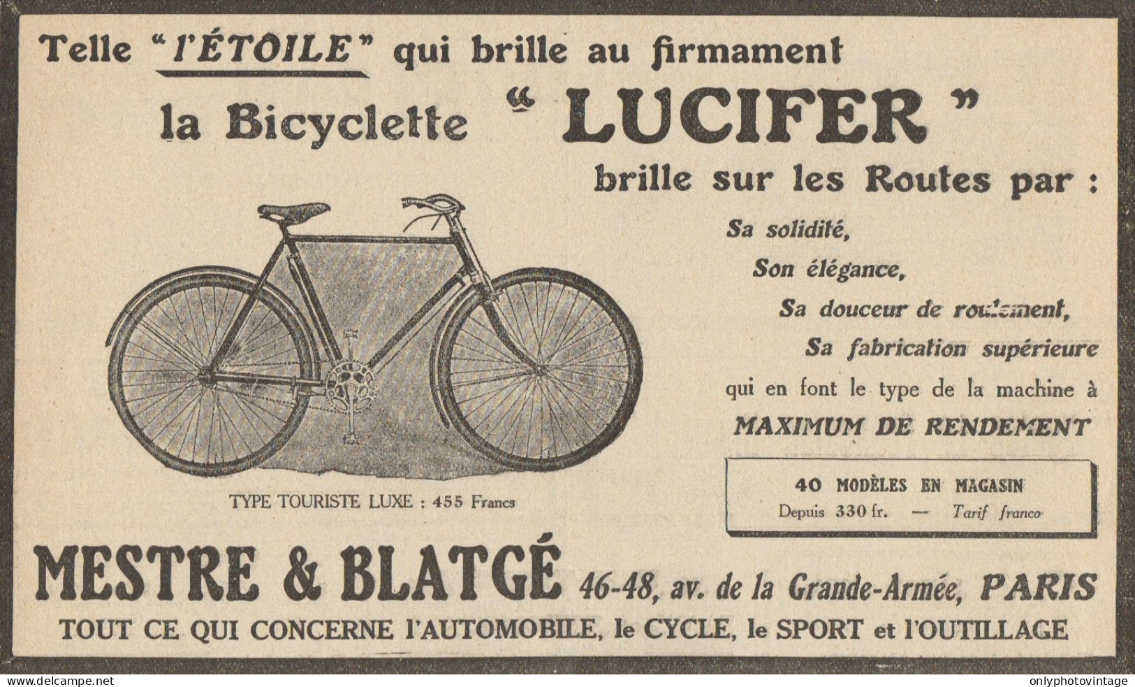 Bicyclette LUCIFER Type Touriste Luxe - Pubblicità D'epoca - 1923 Old Ad - Publicidad