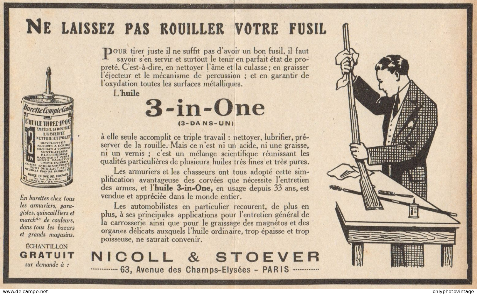 Houile Pour Fusil 3-IN-ONE Nicoll & Stoever - Pubblicità D'epoca - 1927 Ad - Publicidad