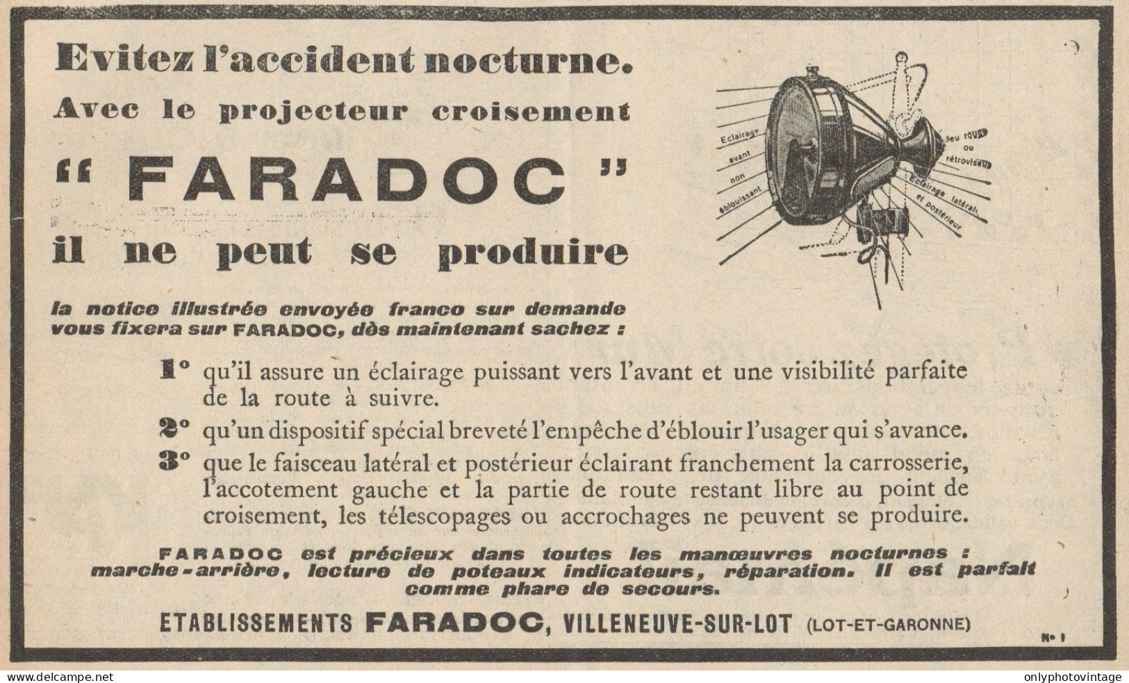Projecteur Croisement FARADOC - Pubblicità D'epoca - 1927 Old Advertising - Reclame