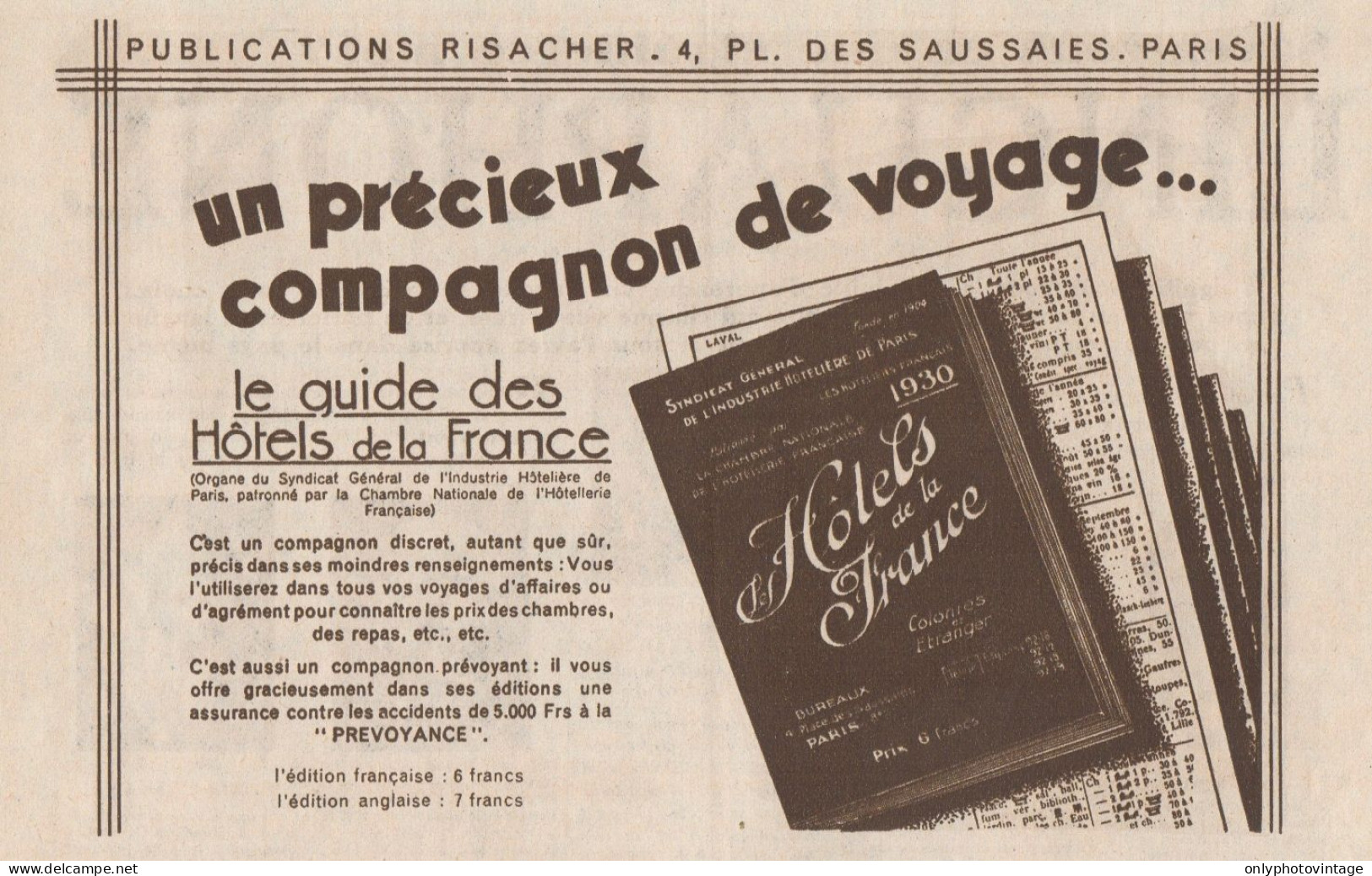 Le Guide Des Hotels De France - Pubblicità D'epoca - 1930 Old Advertising - Reclame