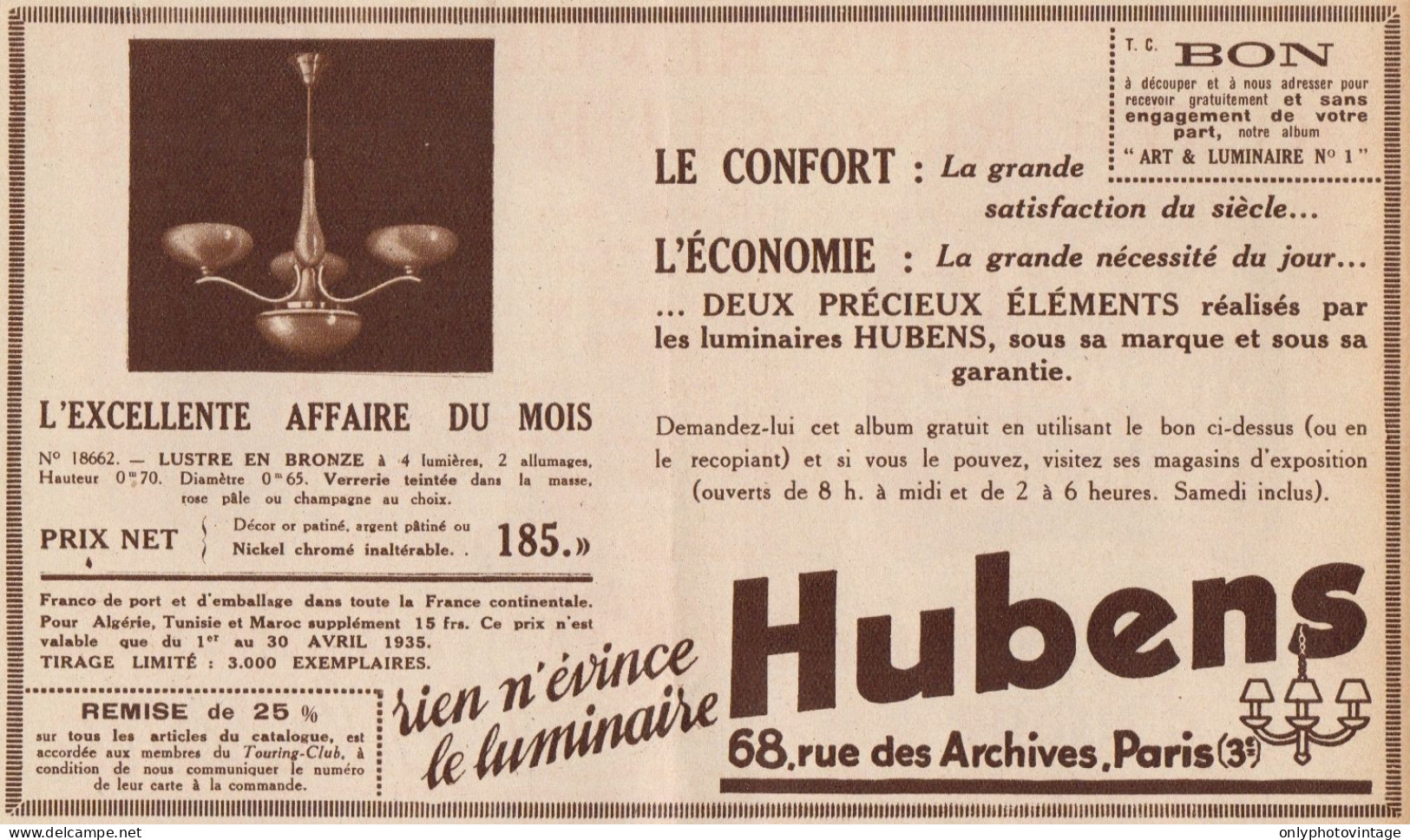 Lustre En Bronze HUBENS - Pubblicità D'epoca - 1935 Old Advertising - Publicidad