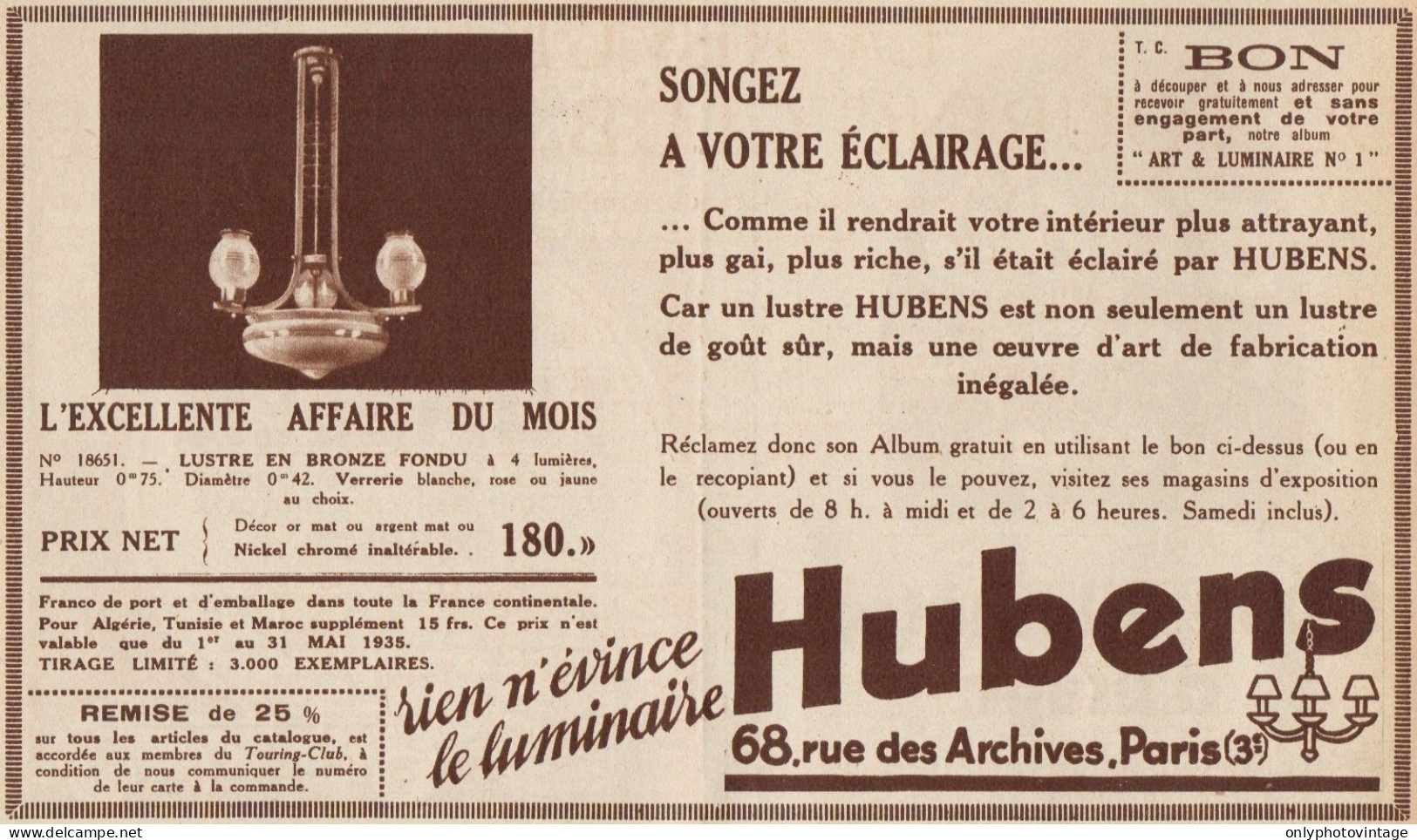 Lustre En Bronze HUBENS - Pubblicità D'epoca - 1935 Old Advertising - Pubblicitari