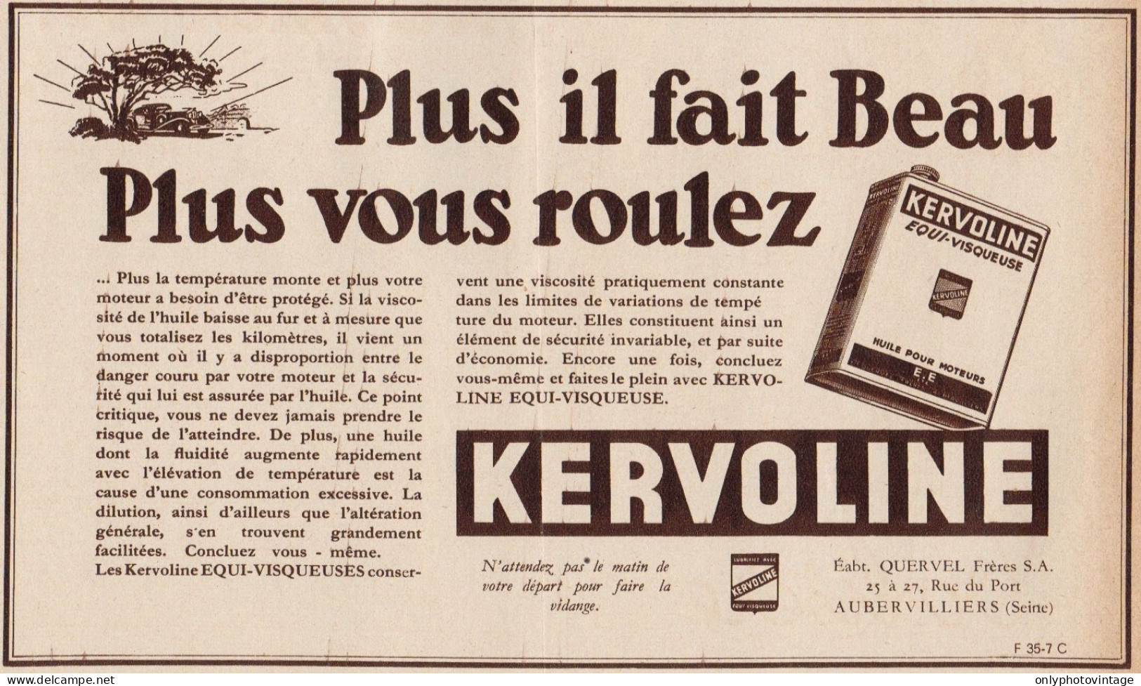 Huiles Equi-Visqueuses KERVOLINE - Pubblicità D'epoca - 1935 Old Advert - Pubblicitari