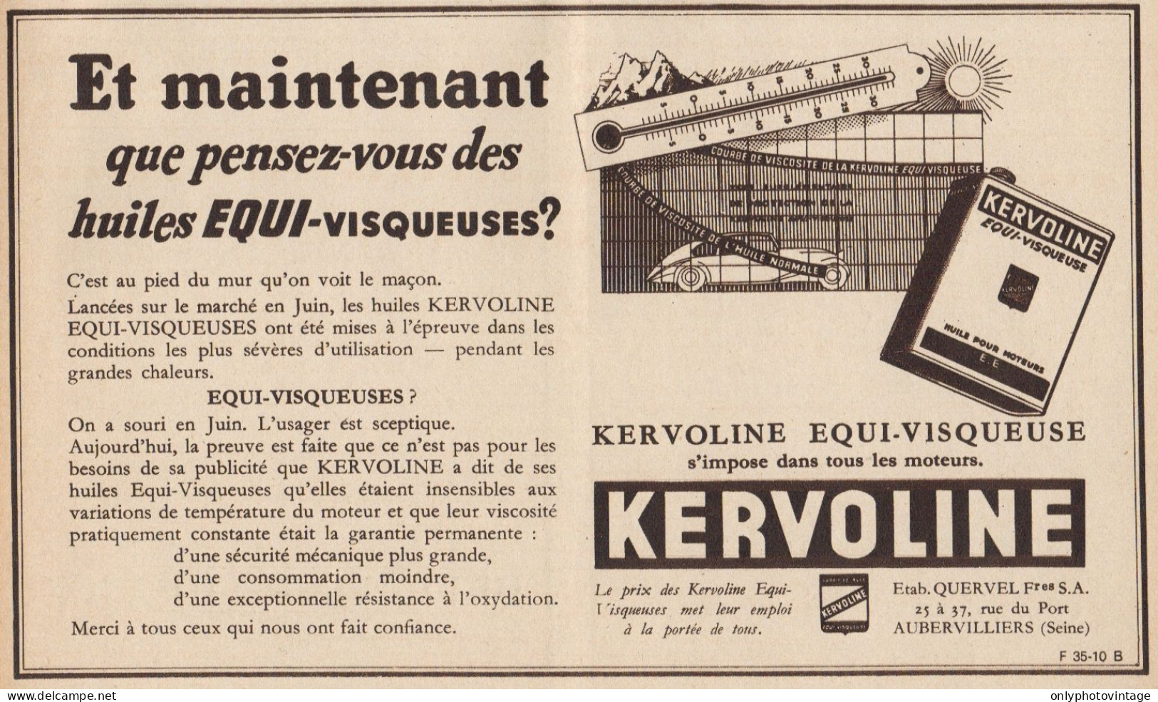 Huiles Equi-Visqueuses KERVOLINE - Pubblicità D'epoca - 1935 Old Advert - Publicités
