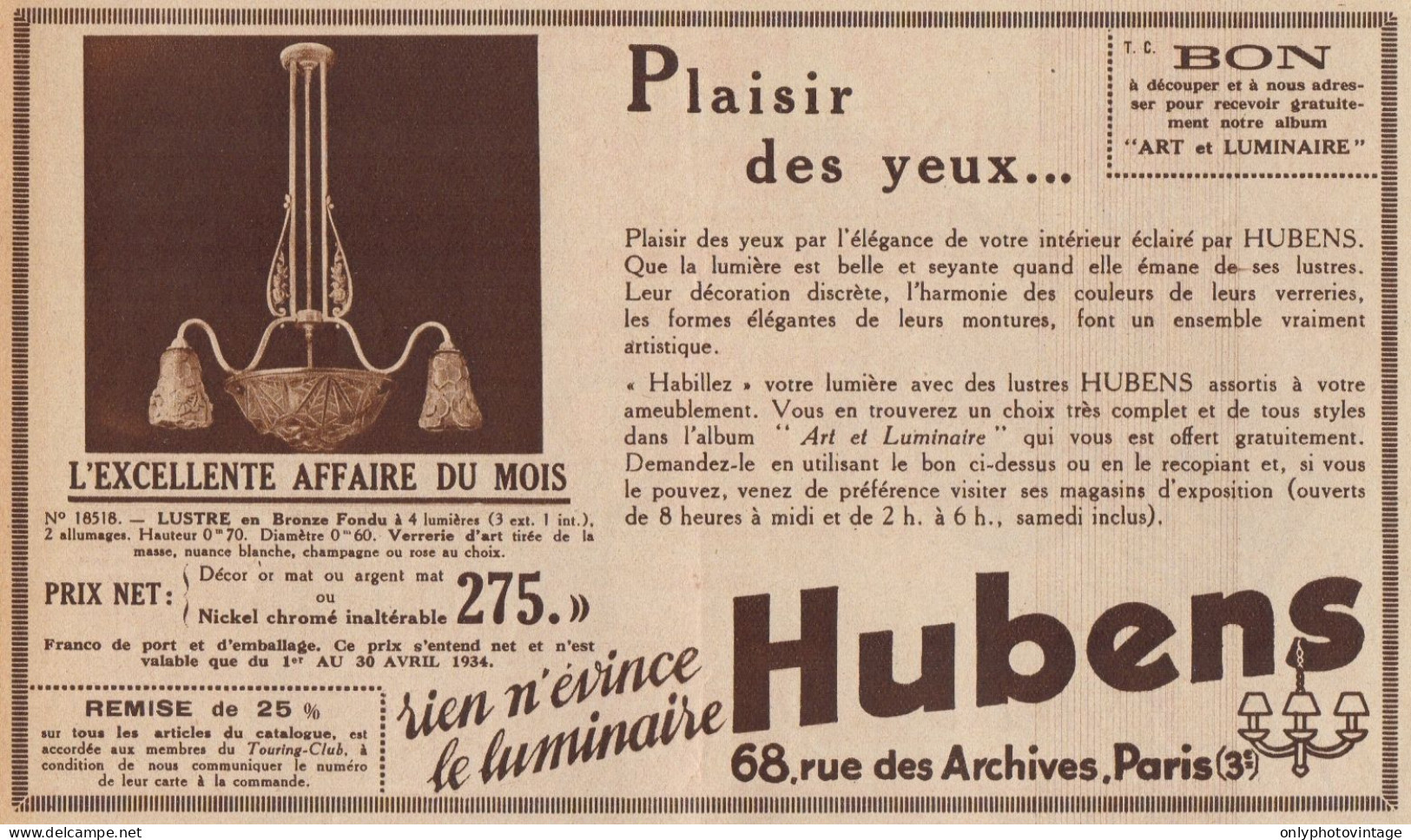 Lustre En Bronze HUBENS - Pubblicità D'epoca - 1934 Old Advertising - Pubblicitari