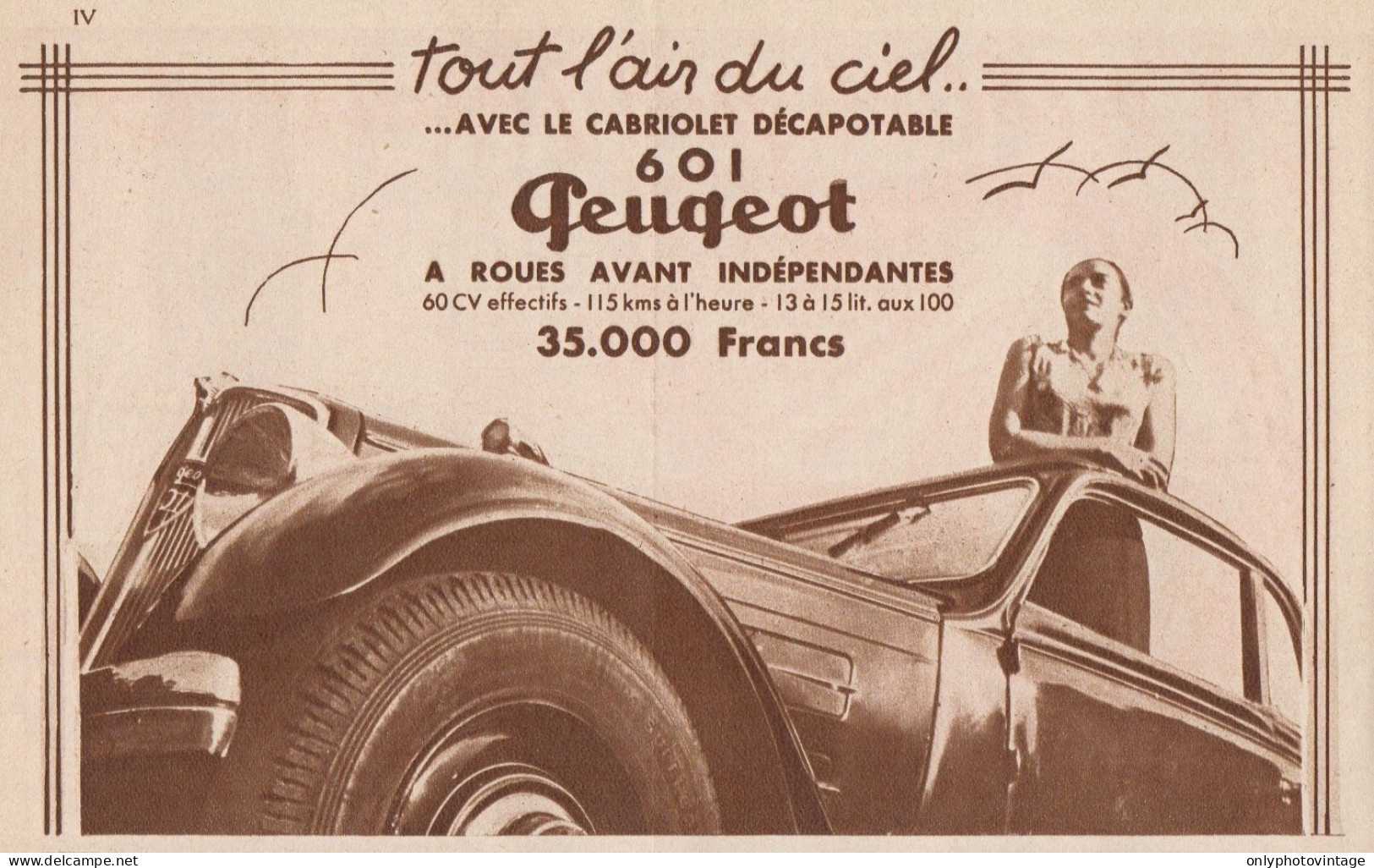 PEUGEOT 601 Cabriolet Décapotable - Pubblicità D'epoca - 1934 Old Advert - Pubblicitari