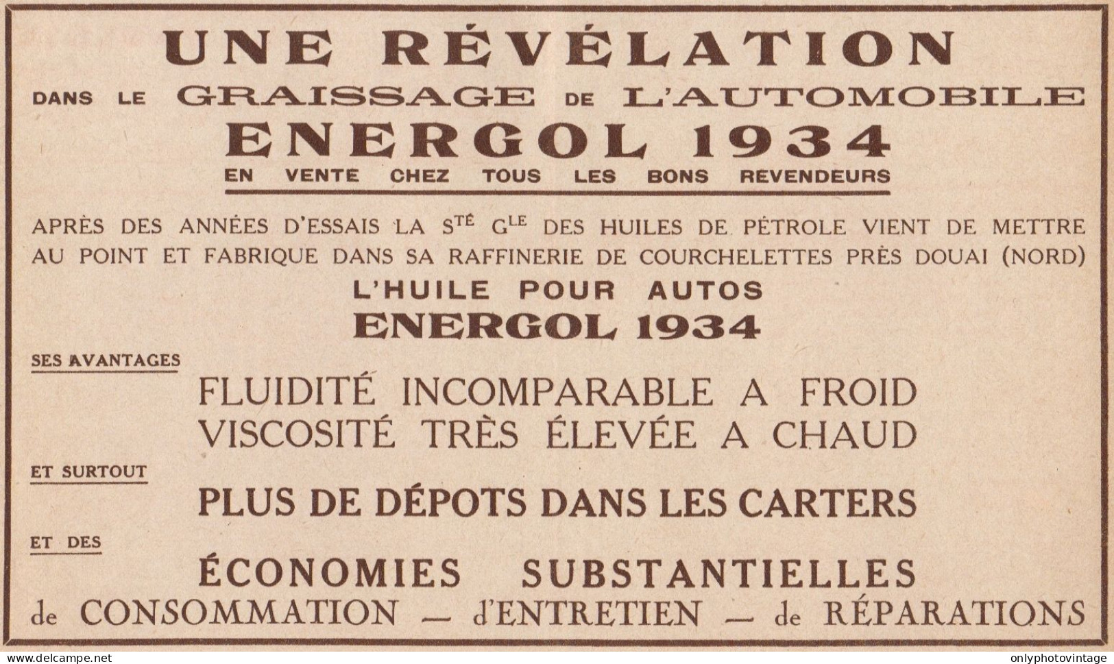 Huile Pour Autos ENERGOL - Pubblicità D'epoca - 1934 Old Advertising - Pubblicitari