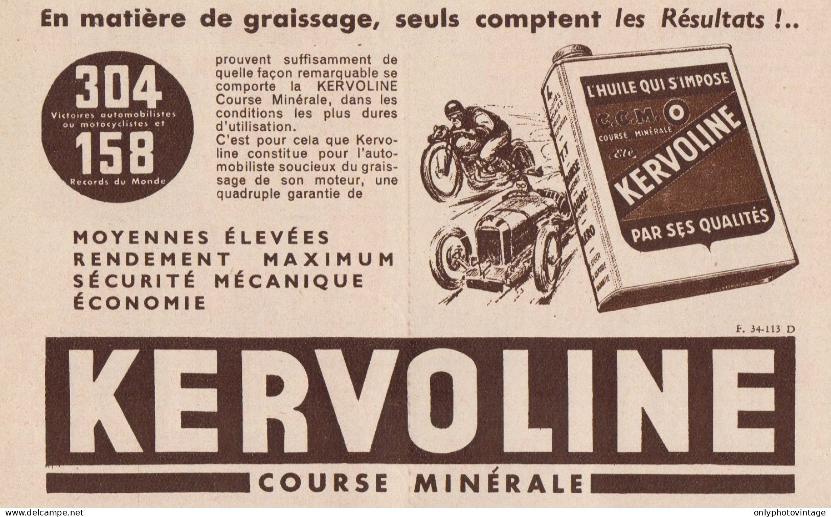 KERVOLINE Course Minérale - Pubblicità D'epoca - 1934 Old Advertising - Pubblicitari