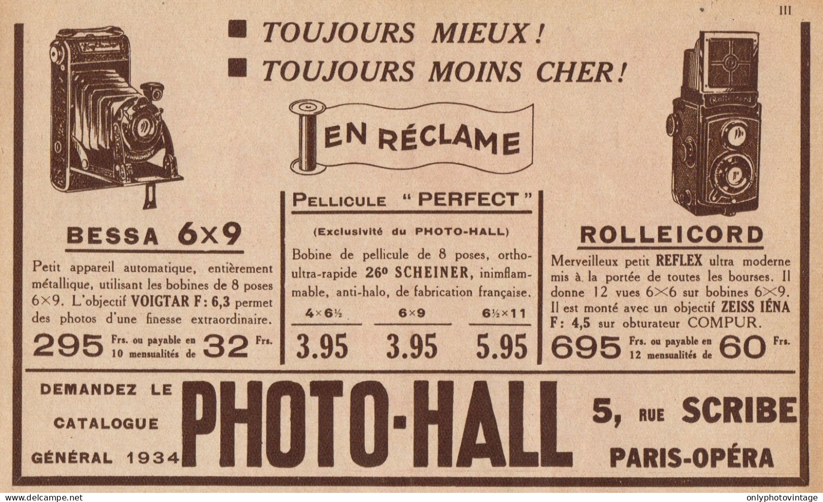 PHOTO-HALL - Bessa 6 X 9 - Rolleicord - Pubblicità D'epoca - 1934 Old Ad - Pubblicitari