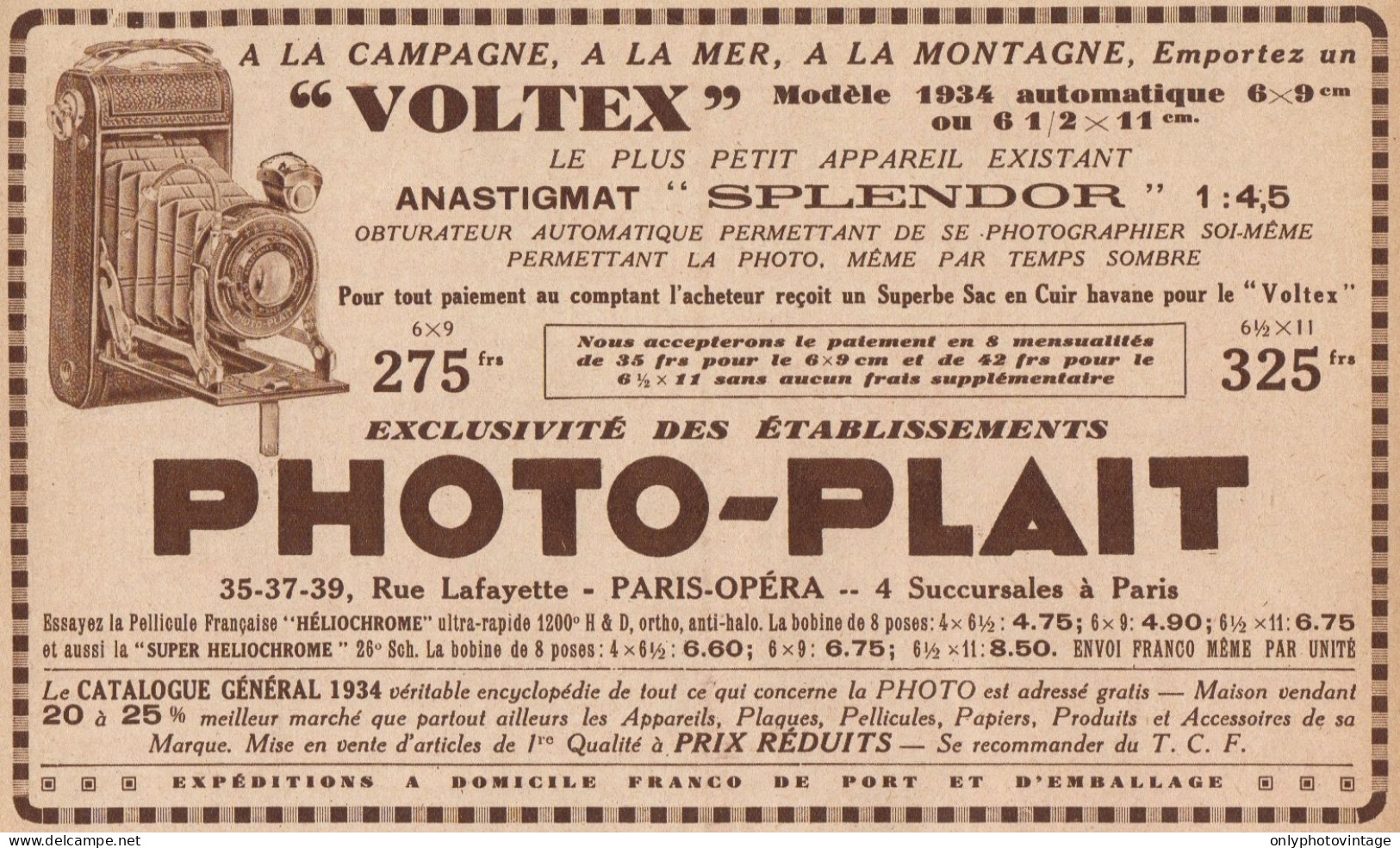 PHOTO-PLAIT - Appareil Voltex - Pubblicità D'epoca - 1934 Old Advertising - Pubblicitari