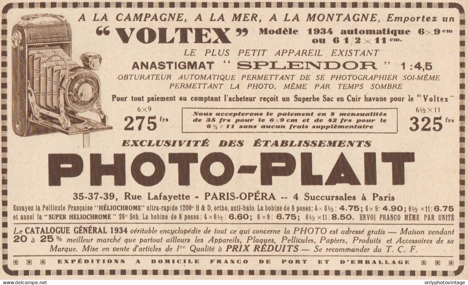 PHOTO-PLAIT - Appareil Voltex - Pubblicità D'epoca - 1934 Old Advertising - Pubblicitari