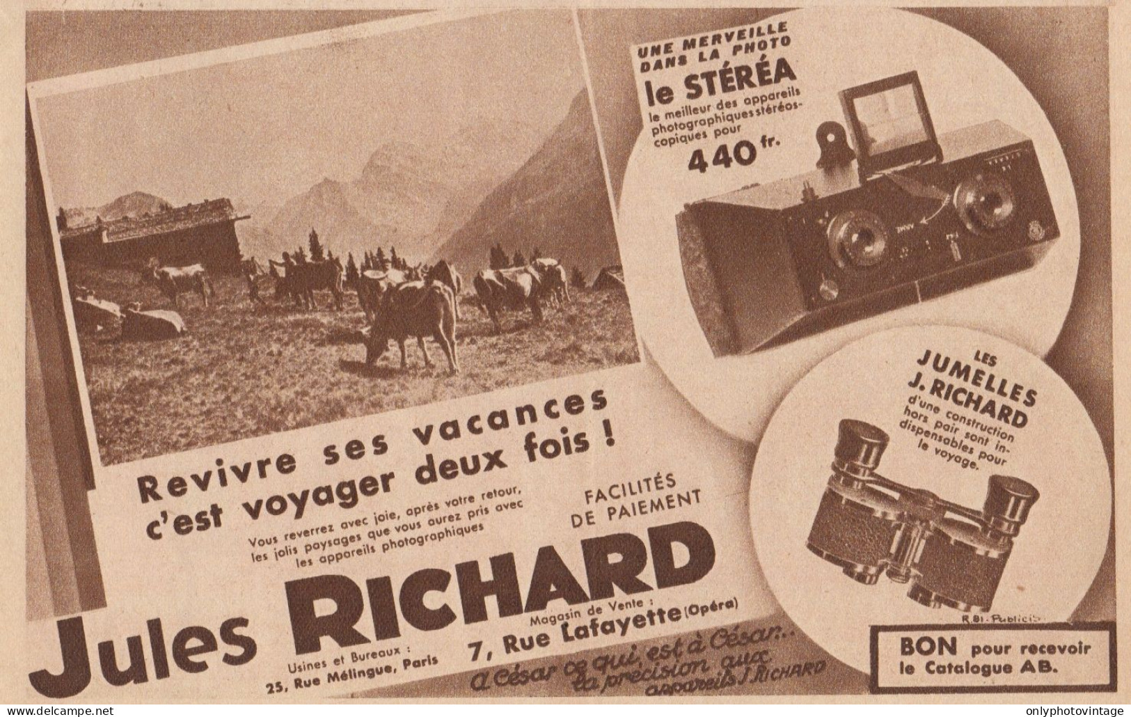 Le Stérea & Les Jumelles Jules RICHARD - Pubblicità D'epoca - 1934 Old Ad - Pubblicitari