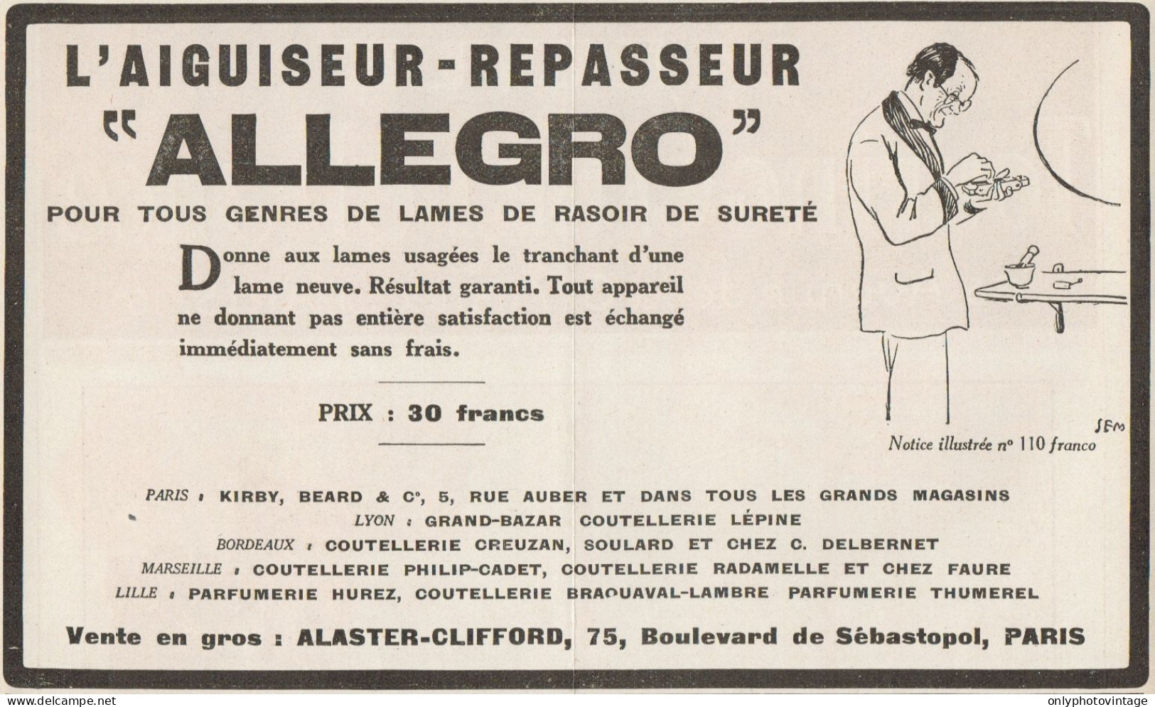 L'aiguiseur-repasseur ALLEGRO - Pubblicità D'epoca - 1922 Old Advertising - Publicidad