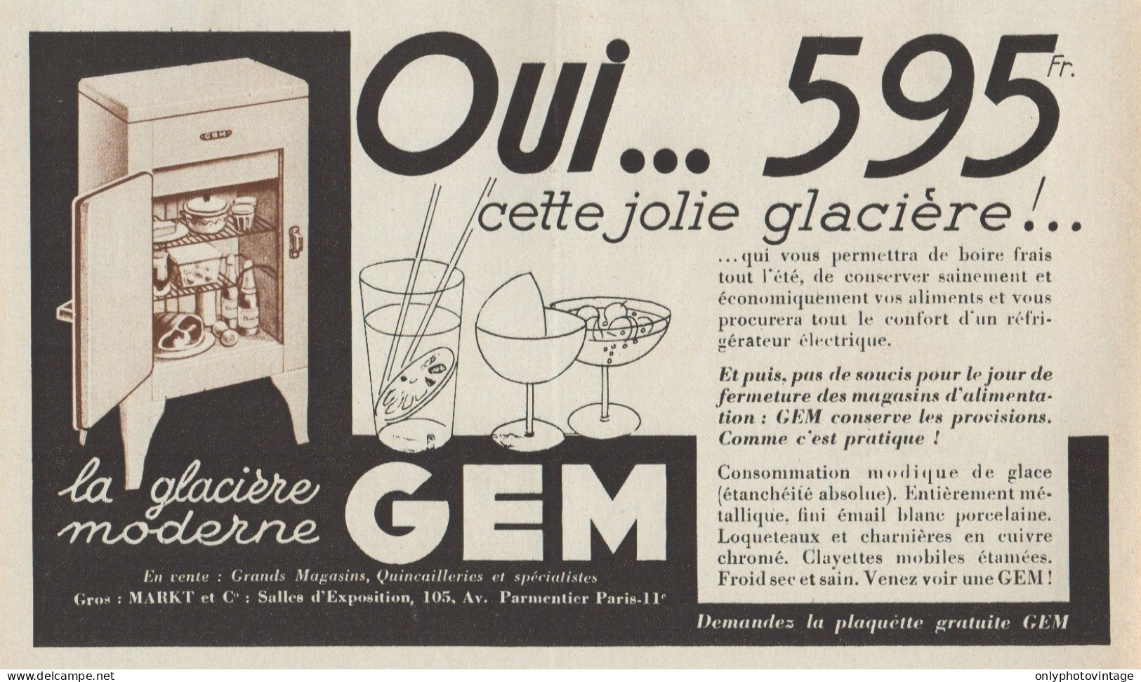 La Glaciére Moderne GEM - Pubblicità D'epoca - 1937 Old Advertising - Pubblicitari