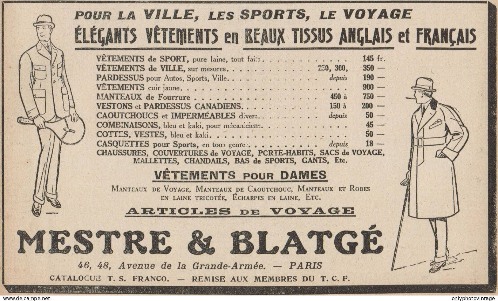 Mestre & Blatgé - Elégants Vetements - Pubblicità D'epoca - 1922 Old Ad - Publicidad